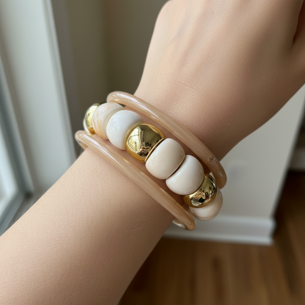 Cream & Gold Stretchable Bangle Set – Set of 3 Elegant Stack Bracelets