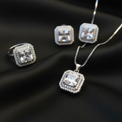 Silver Radiance Square Set – Necklace, Earrings & Ring
