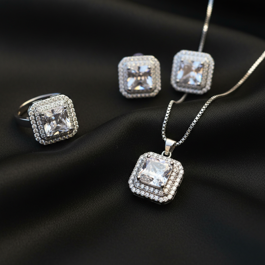 Silver Radiance Square Set – Necklace, Earrings & Ring