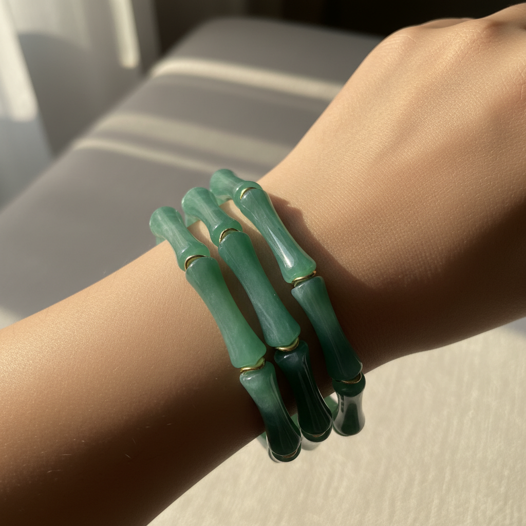 Green Bamboo Style Stretchable Bangle Set – Set of 3 Stackable Bracelets