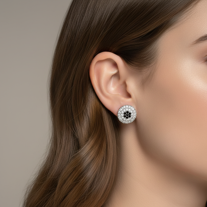 Black Stone Halo Stud Earrings