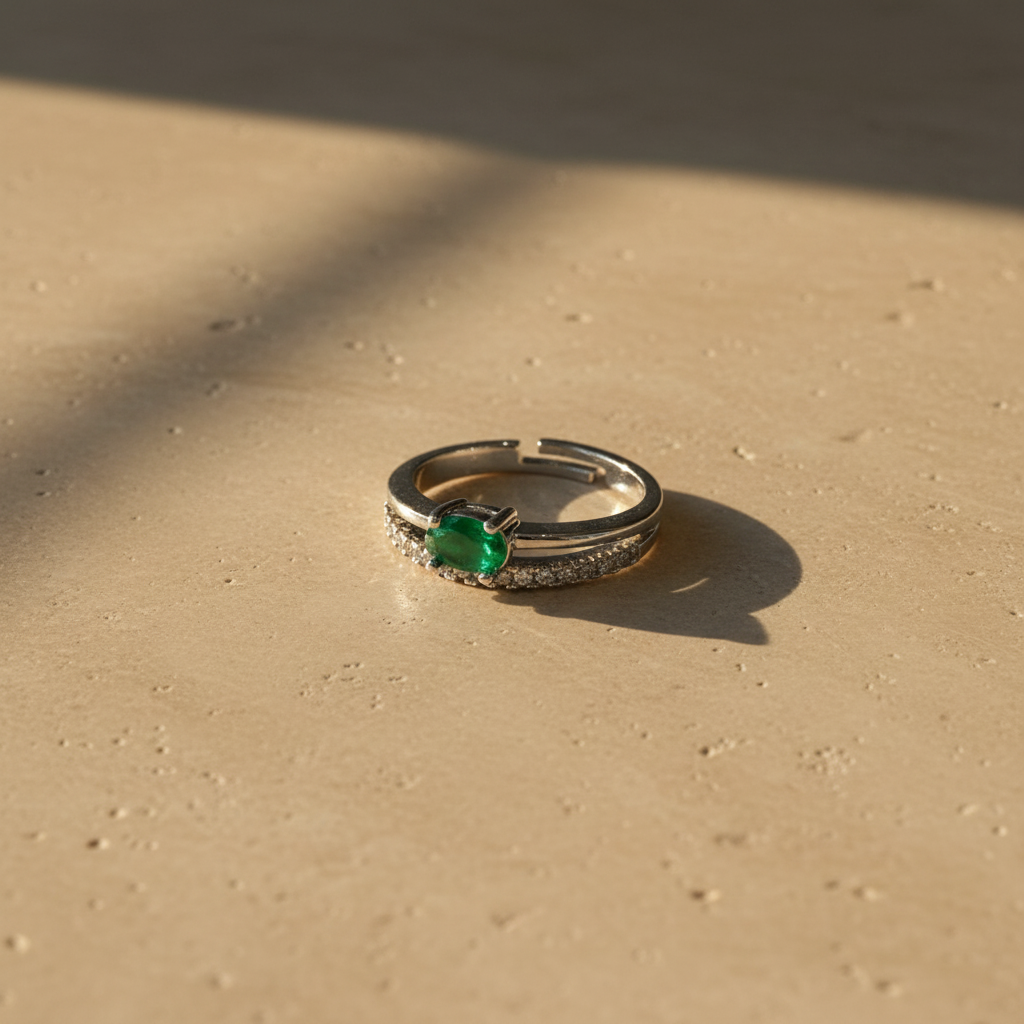 Emerald Glow Adjustable Silver Tone Ring