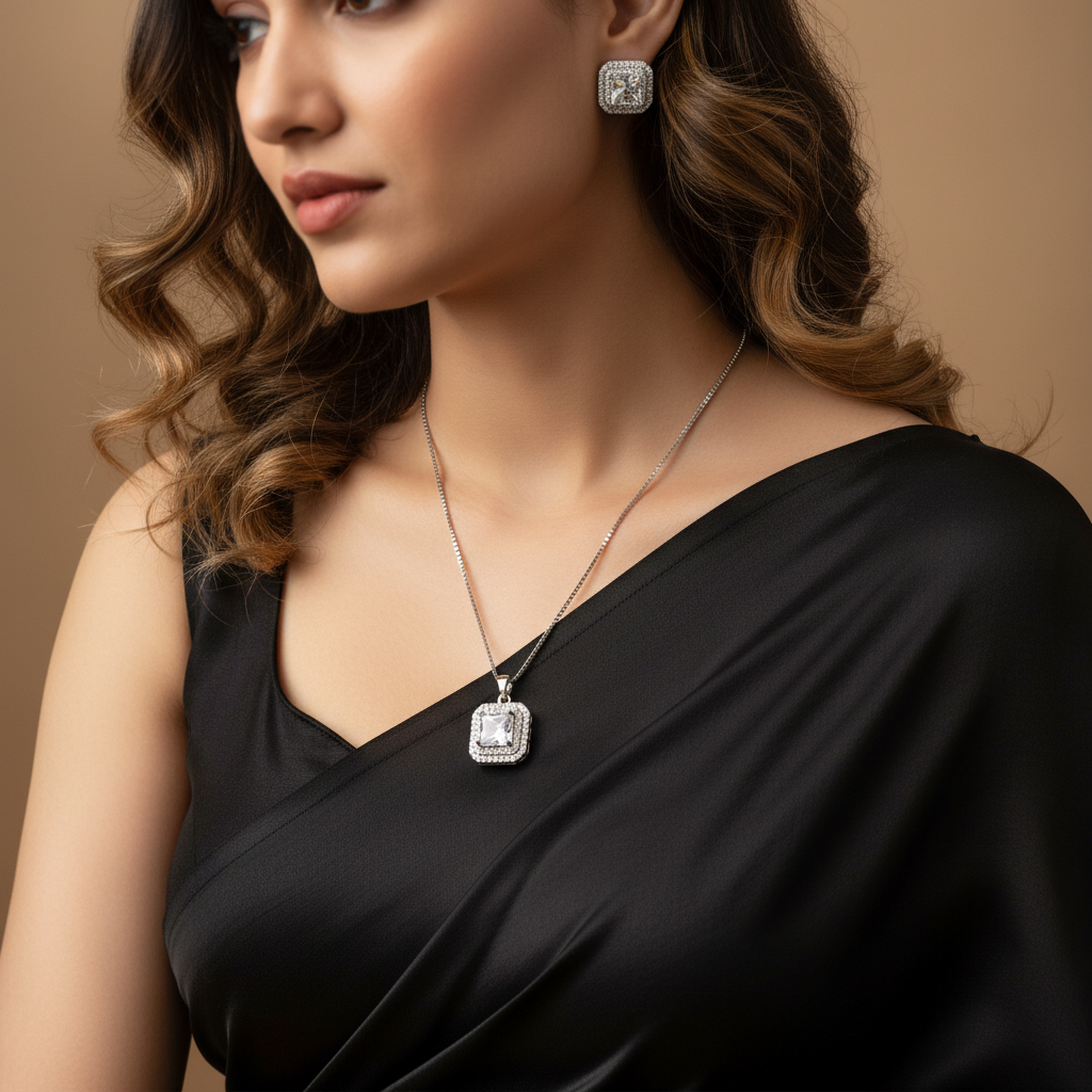 Silver Radiance Square Set – Necklace, Earrings & Ring