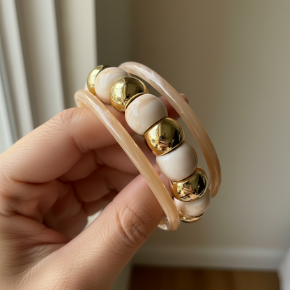 Cream & Gold Stretchable Bangle Set – Set of 3 Elegant Stack Bracelets