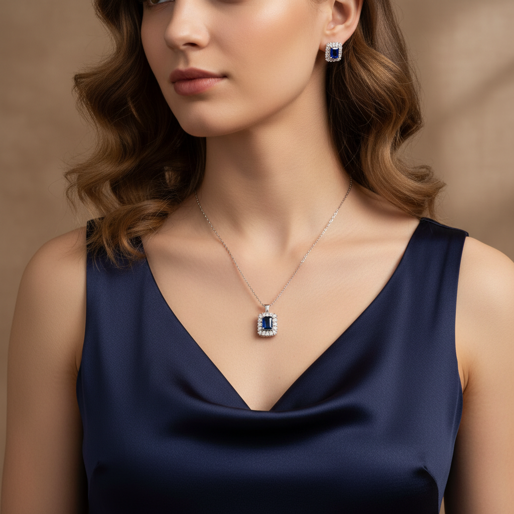 Sapphire Elegance Jewelry Set – Necklace, Earrings & Ring