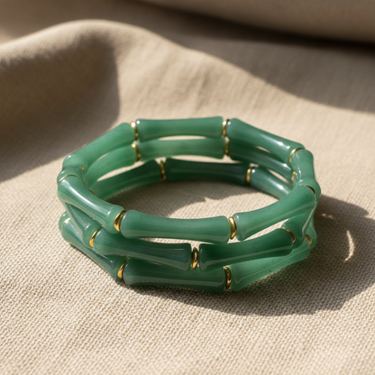 Green Bamboo Style Stretchable Bangle Set – Set of 3 Stackable Bracelets