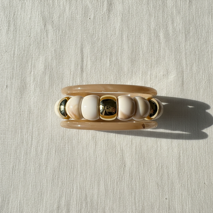 Cream & Gold Stretchable Bangle Set – Set of 3 Elegant Stack Bracelets