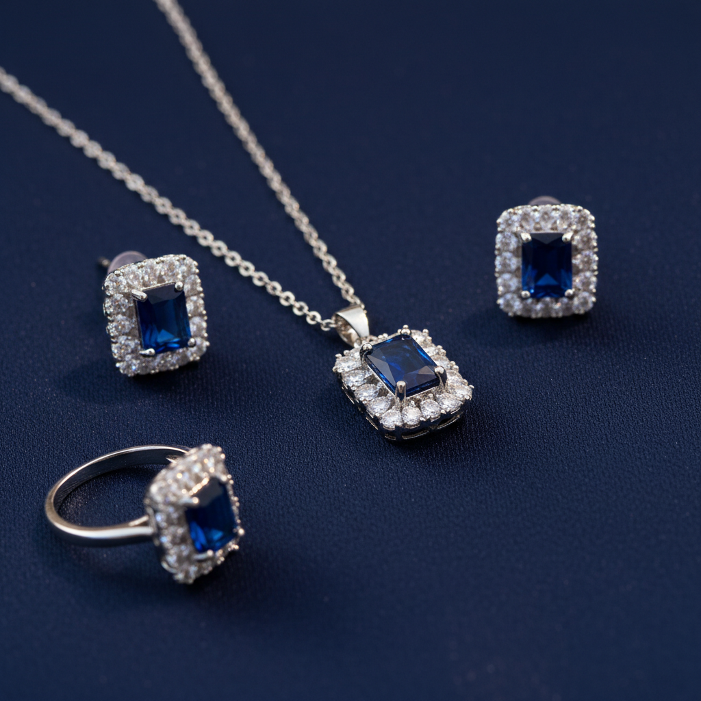 Sapphire Elegance Jewelry Set – Necklace, Earrings & Ring