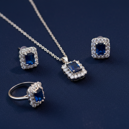 Sapphire Elegance Jewelry Set – Necklace, Earrings & Ring