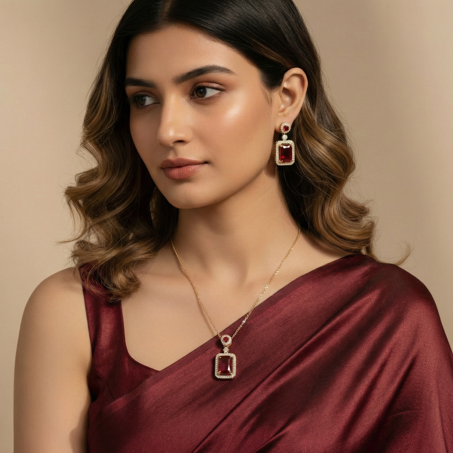 Ruby Royale Pendant & Earrings Set
